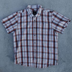 Prana Shirt Mens L Large White Brown Plaid Short Sleeve Button Up Chest Pocket